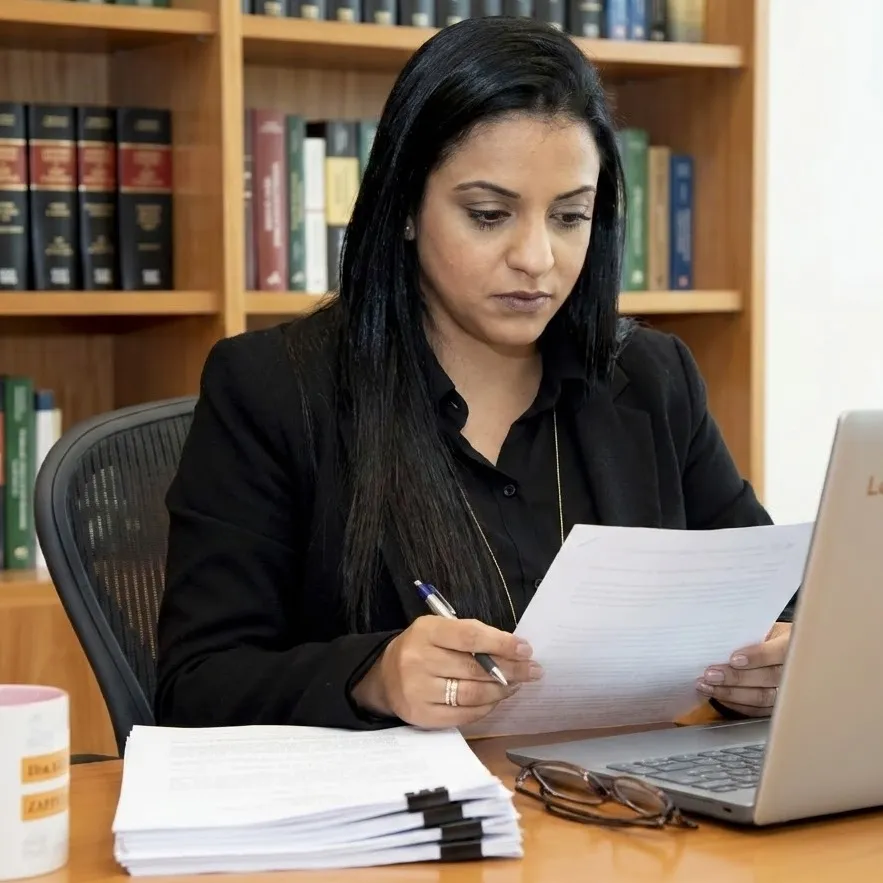 Advogada no escritório analisando laudo